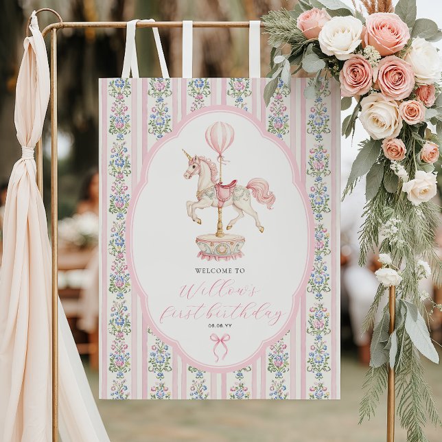 Poster Boas-vindas ao Primeiro Aniversário Rosa Carousel (Criador carregado)