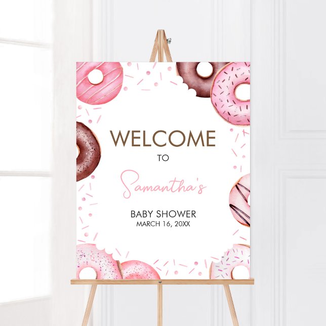 Poster Boas-vindas ao Rosquinha e ao Fralda Chá de fralda (Pink Sweet Sprinkle Baby Shower Welcome Sign)