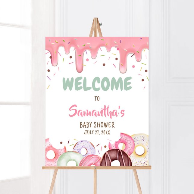 Poster Boas-vindas ao Rosquinha e Fralda Sprinkle (Pink Donuts Girl Baby Shower Welcome Sign)