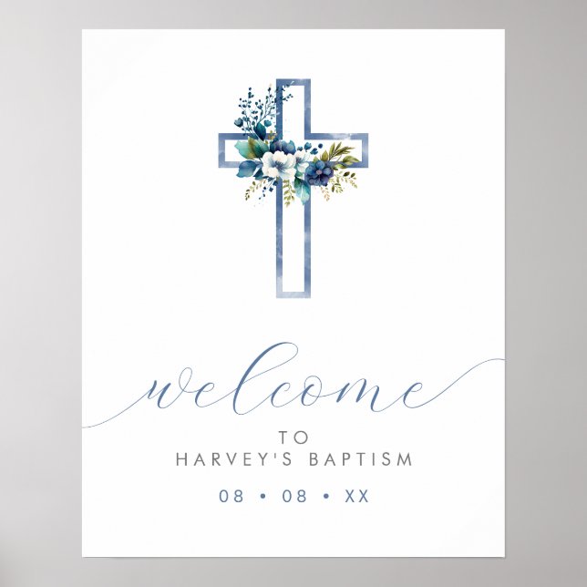 Poster Boas-vindas ao Script Moderno Blue Floral Cross (Frente)