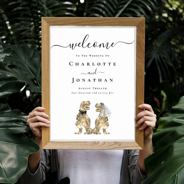 Poster Boas-vindas ao Tema Dinossauro (Dinosaur themed wedding custom welcome poster with funny T-Rex bride and groom modern elegant script)