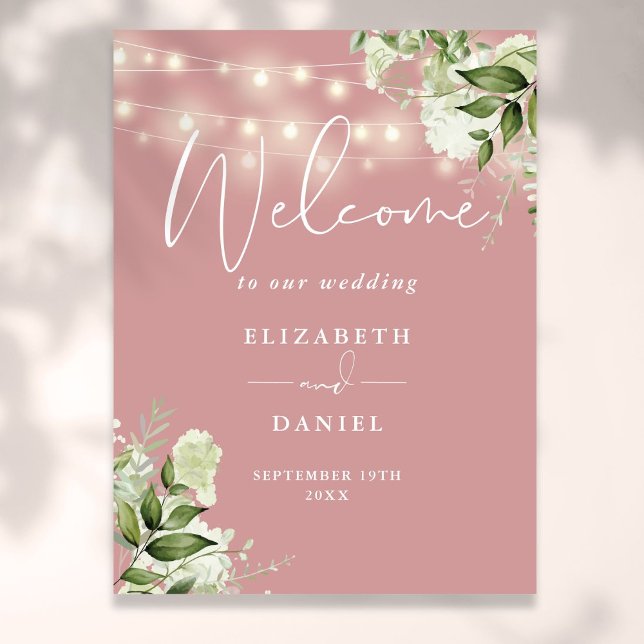 Poster Boas-vindas às Luzes Florais de Rosa Dusty (Dusty Rose String Lights Floral Wedding Welcome Poster)