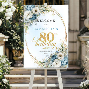 Poster Boas-vindas azuis empoeiradas Boho felizes 80 anos