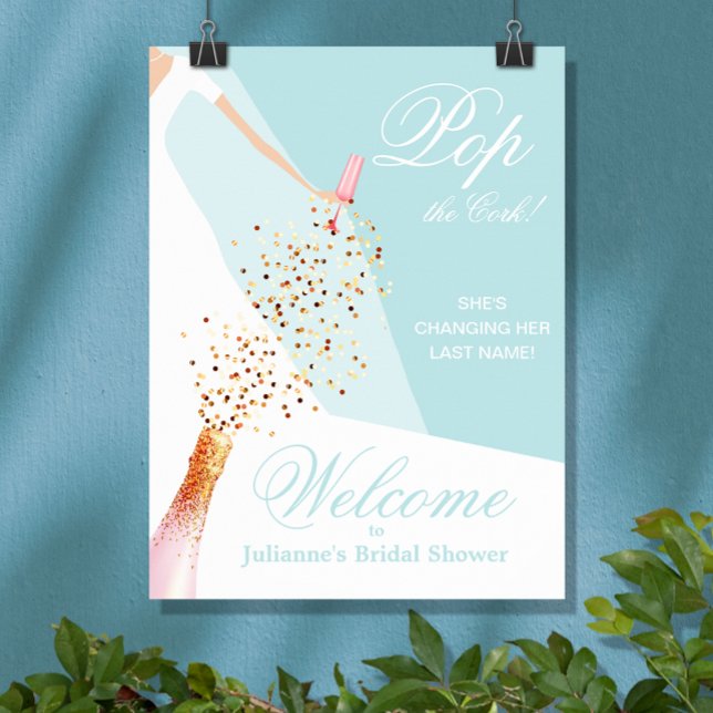 Poster Boas-vindas Azuis para Chá de Noiva (Sky blue bridal shower Welcome poster, PRINTED and/or INSTANT DOWNLOAD, features bride in her gown)