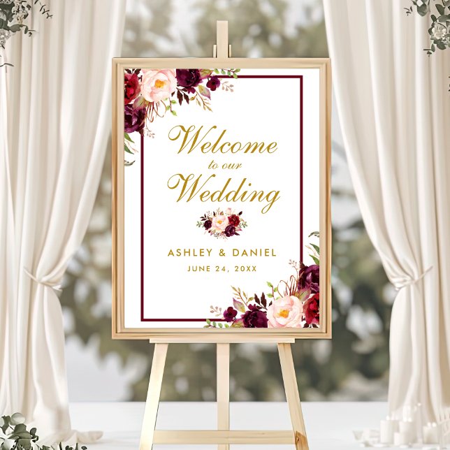 Poster Boas-vindas Burgundy Dourada Watercolor Floral (Customize to change text color, text size, text style or size of poster.)