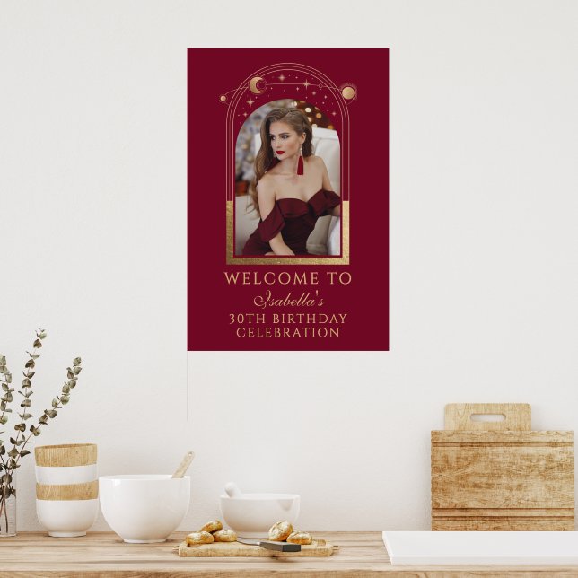 Poster Boas-vindas Burgundy Gold Celestial 30º Aniversári (Cozinha)