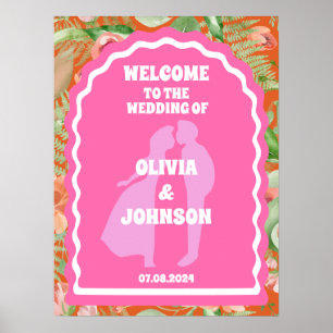 Poster Boas-vindas Casamento de Arco Floral Retro Cor-de-