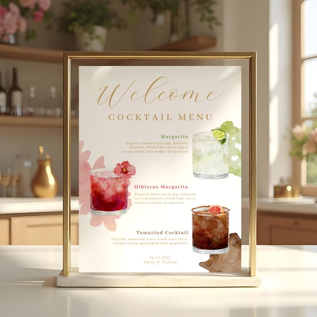 Poster Boas-vindas Coquetéis de Aquarela Menu Drink de Ca (Welcome Watercolor Cocktails Wedding Drink Menu Poster)