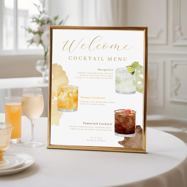Poster Boas-vindas Coquetéis de Aquarela Menu Drink de Ca (Welcome Watercolor Cocktails Wedding Drink Menu Poster)