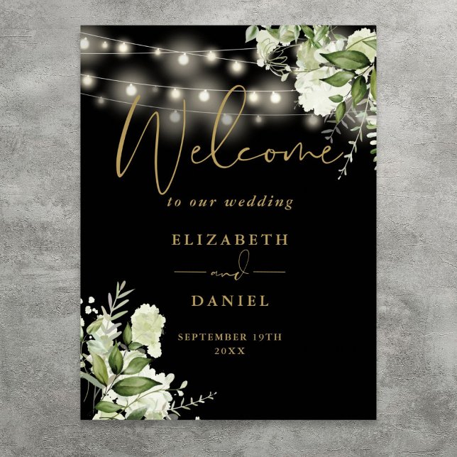 Poster Boas-vindas das Luzes de Corda Dourada Negra (Black Gold String Lights Floral Wedding Welcome Poster)