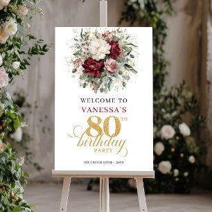 Poster Boas-vindas de 80º aniversário Floral Borgonha Bon