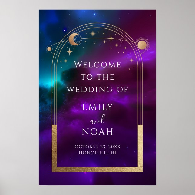Poster Boas-vindas de Casamento Celestial Dourado Turques (Frente)