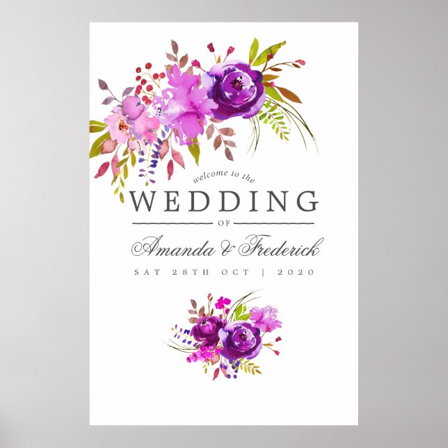 Poster Boas-vindas de casamento com aguarela roxa e viole (Frente)