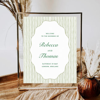 Poster Boas-vindas de casamento com listras em verde-sage