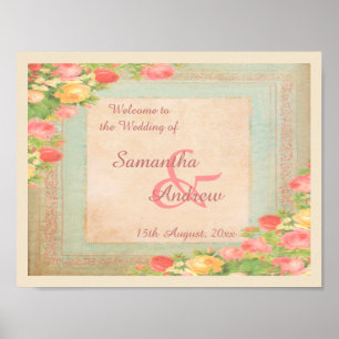 Poster Boas-vindas de casamento Elegantes Rosas Vintage