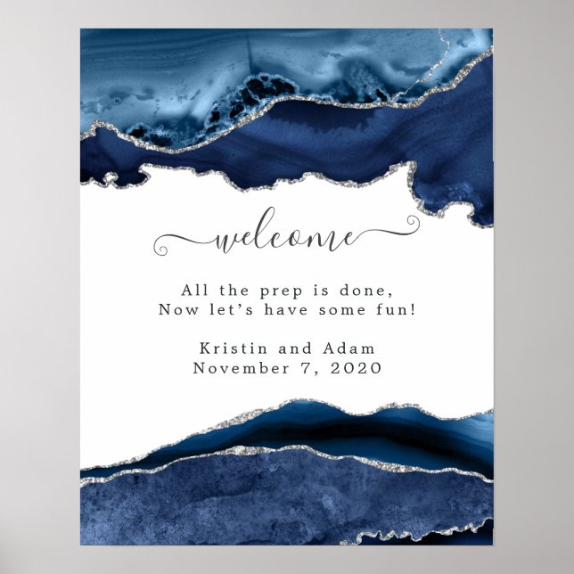 Poster Boas-vindas de casamento em Ágata Prata e Azul-Mar (Frente)