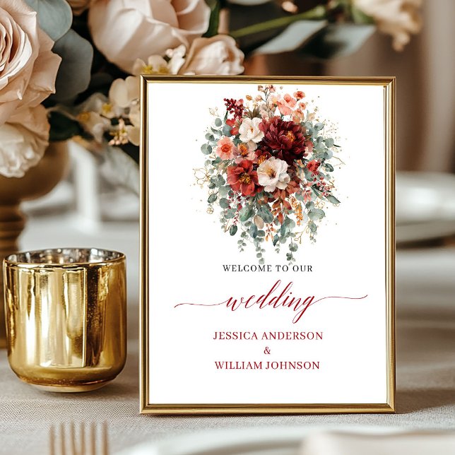 Poster Boas-vindas de casamento em mesa em vermelho profu (Deep Red Boho Eucalyptus Tabletop Wedding Welcome Sign

)