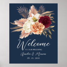 Boas-vindas de casamento florais azul-marinho