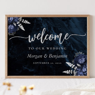 Poster Boas-vindas de casamento floral azul marinho prate
