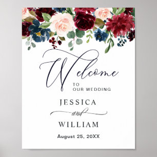 Poster Boas-vindas de casamento floral Bege Azul Borgonha