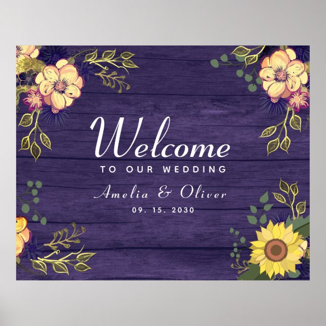 Poster Boas-vindas de casamento floral roxo (Frente)