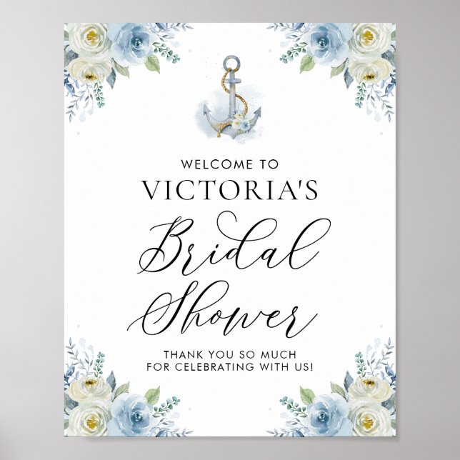 Poster Boas-vindas de Chuveiro Nupcial Floral Azul Náutic (Frente)