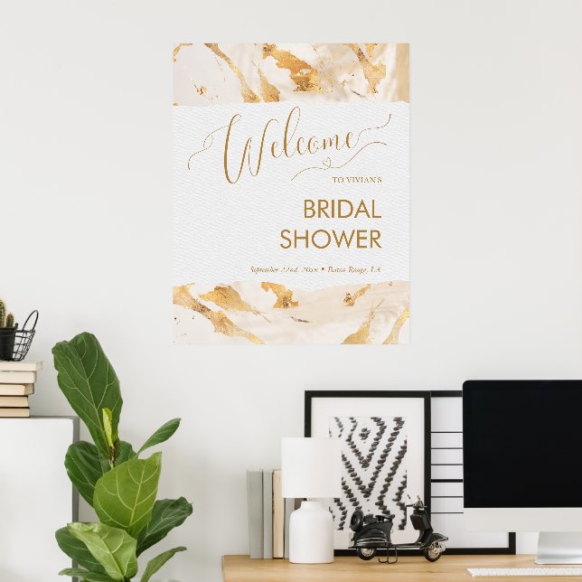 Poster Boas-vindas de Luxo Abstrato Dourado para Chá de N (Escritório em casa)
