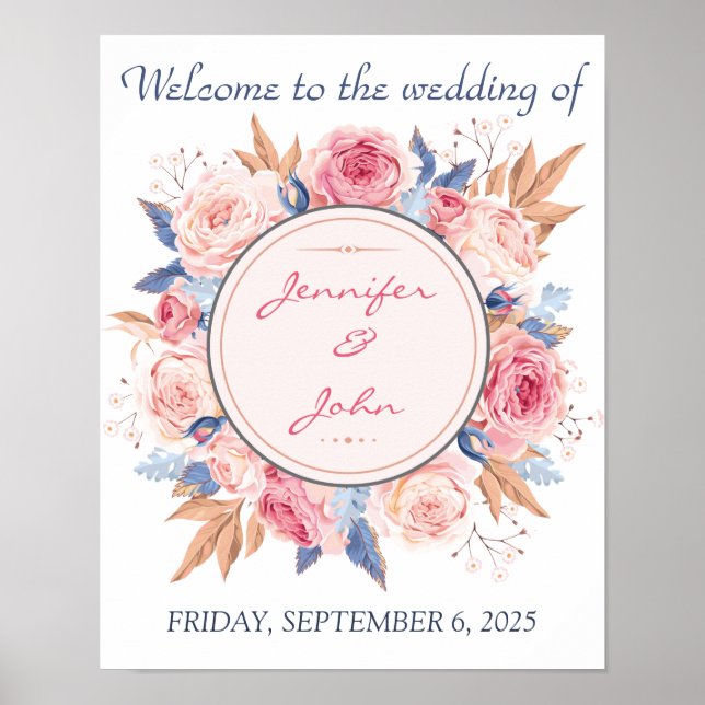 Poster Boas-vindas do Casamento Chic Roses Cor-de-rosa-Ág (Frente)