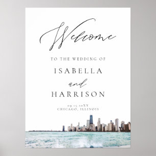 Poster Boas-vindas do Casamento Skyline Chicago Watercolo