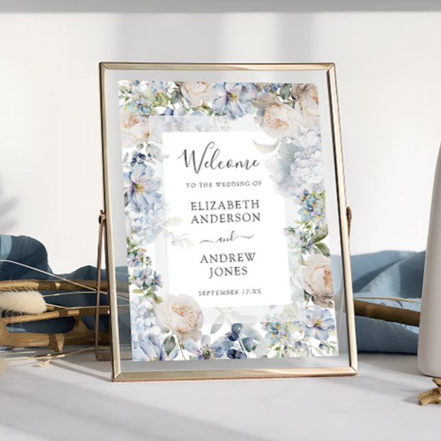 Poster Boas-vindas do Jardim de Flores Azuis Elegante (Criador carregado)