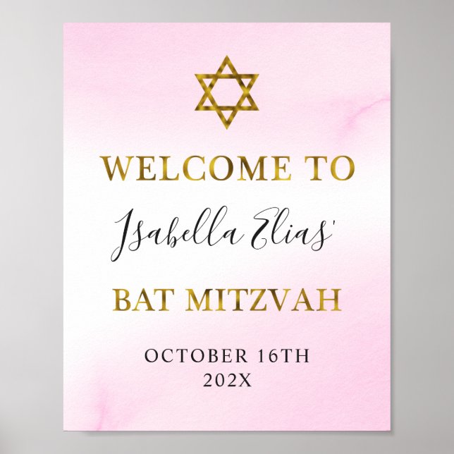 Poster Boas-vindas do Pastel Rosa Dourado Bat Mitzvah (Frente)