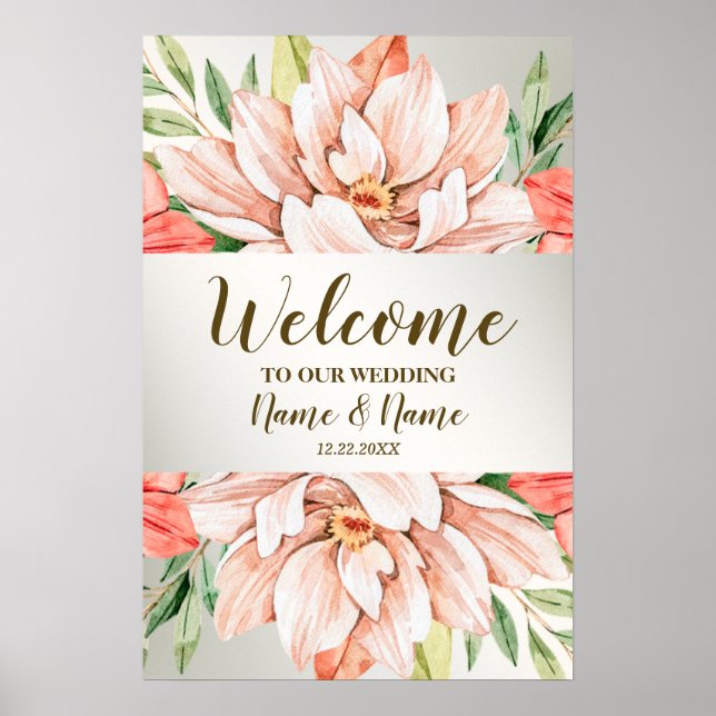 Poster Boas-vindas Festa de Casamento Flores Folhas Laran (Frente)