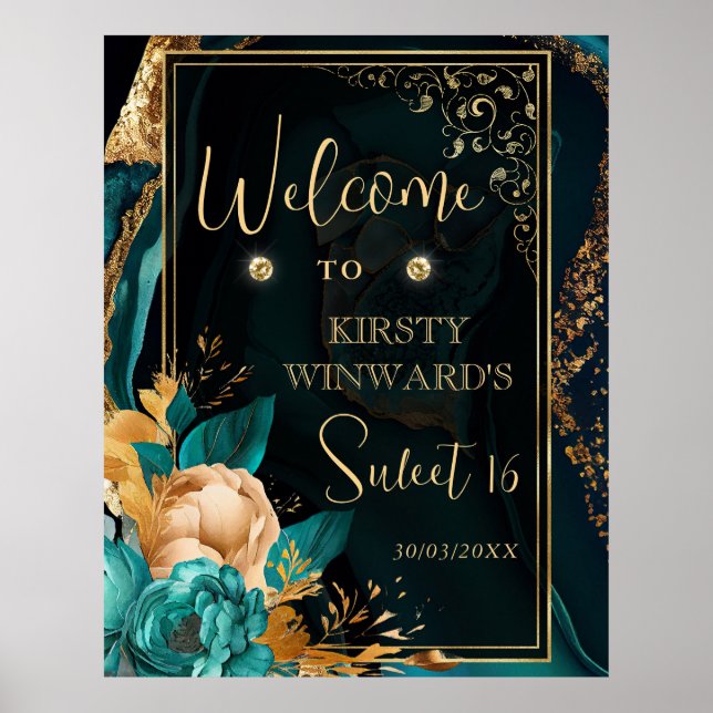 Poster Boas-vindas Florais de Ágata Teal e Dourado de Lux (Frente)