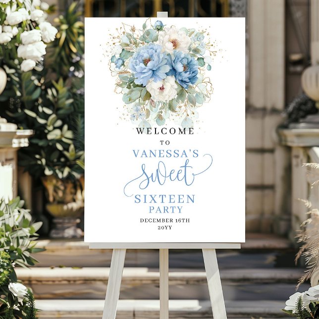 Poster Boas-vindas Florais em Azul Desbotado para 16º Ani (Dusty Blue Floral Greenery 16th Birthday Welcome)