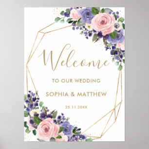 Poster Boas-vindas Florais Rosa Bege Roxo Casamento Nupci