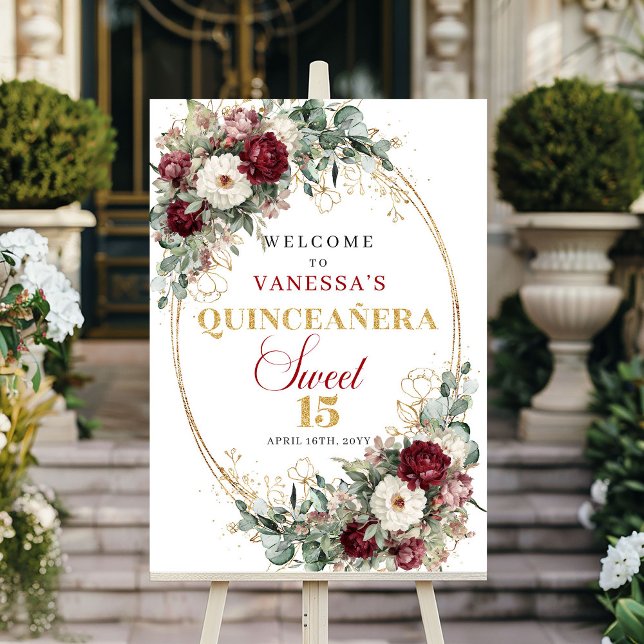 Poster Boas-vindas Florais Rústicas em Borgonha para Quin (Rustic Burgundy Floral Greenery Quinceanera Welcome Sign)