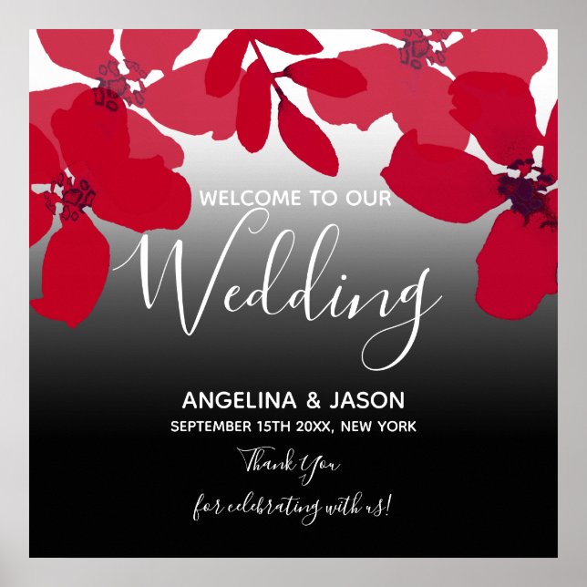 Poster Boas-vindas Florais Vermelhas Casamento (Frente)
