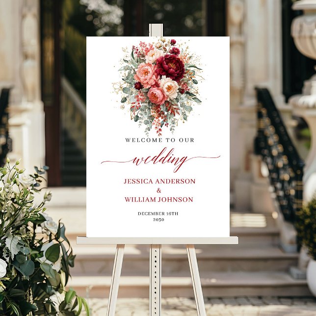 Poster Boas-vindas Flores Boho Vermelho Fundo Outono Euca (Deep Red Boho Flowers Autumn Eucalyptus Welcome Sign

)