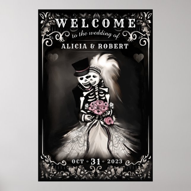 Poster Boas-vindas Halloween Skeletons Pink Floral Weding (Frente)