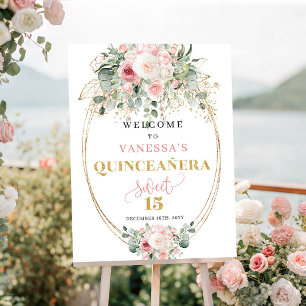 Poster Boas-vindas Mínimas Rosa e Dourado Quinceañera