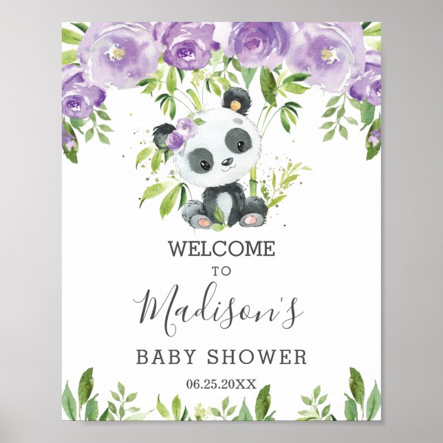 Poster Boas-vindas Panda Purple Floral Greenery Bamboo (Frente)