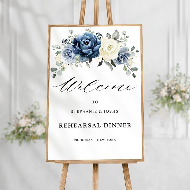 Poster Boas-vindas para Jantar de Ensaio em Champanhe Azu (Dusty Blue Champagne ivory floral  Rehearsal Dinner Welcome  Poster)