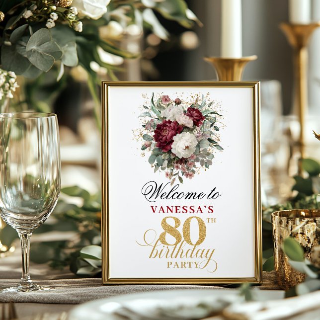 Poster Boas-vindas rústicas com verdejante e rosado 80º a (Rustic greenery blush 80th birthday 8x10 welcome sign)