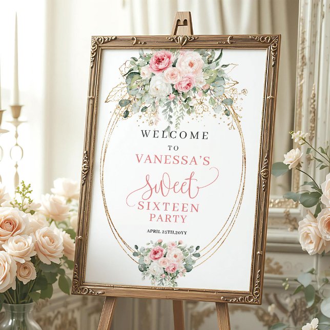 Poster Boas-vindas Rústicas de Dezesseis Anos em Rosa e D (Rustic Blush and Gold Sweet Sixteen Welcome)