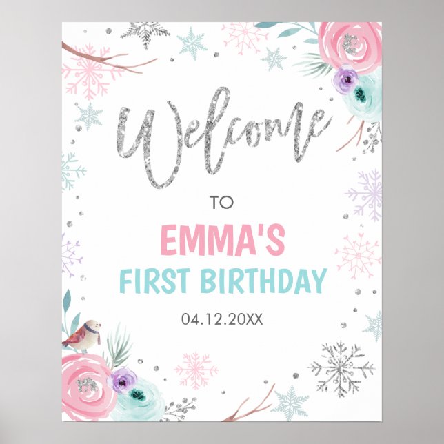 Poster Boas-vindas Winter Onederland Girl Floral Birday (Frente)