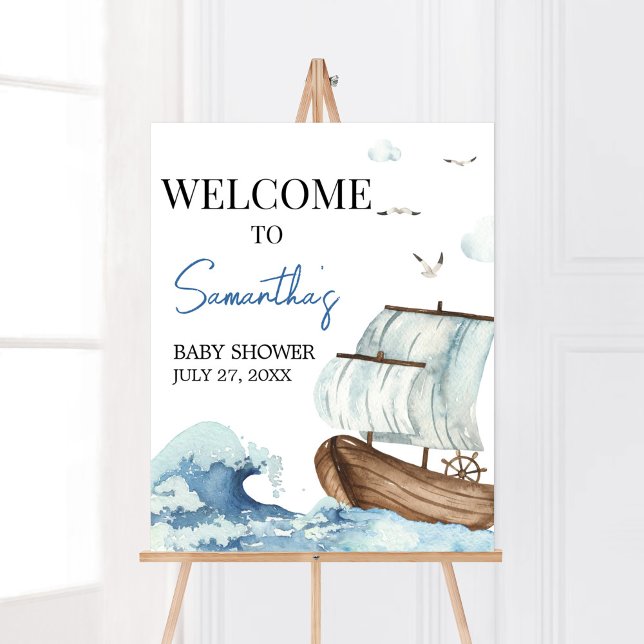 Poster Boat Chá de fraldas Náutico Bem-vindo (Ahoy It's A Boy Baby Shower Welcome Sign)