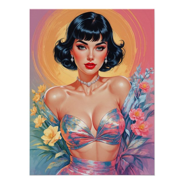 Póster Bob Cut com Flores de Pastel Pin-Up de Bangs Brune (Frente)