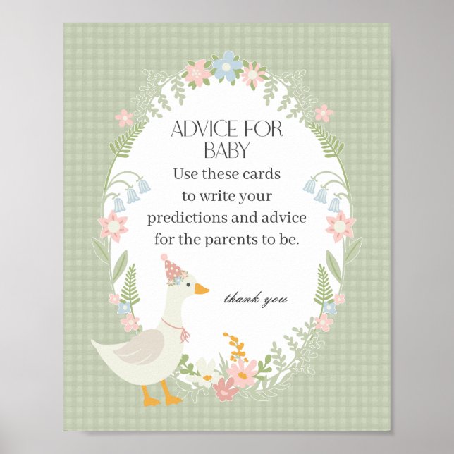 Poster Bobo Verde Ganso Floral Gingham Advice para Bebê (Frente)