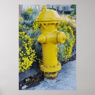 Póster Boca de incêndio de fogo amarela e flores