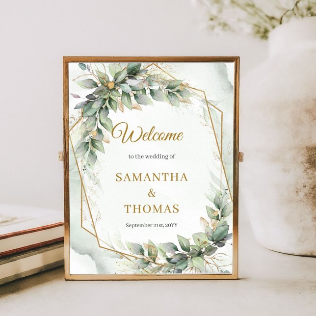 Poster Boêmia, eucalipto verde e casamento dourado (Bohemian green eucalyptus and gold wedding welcome tabletop sign)